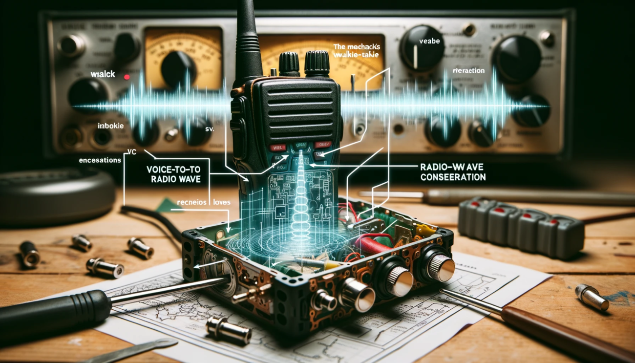 Disassembled walkie-talkie with highlighted voice-to-radio wave conversion process