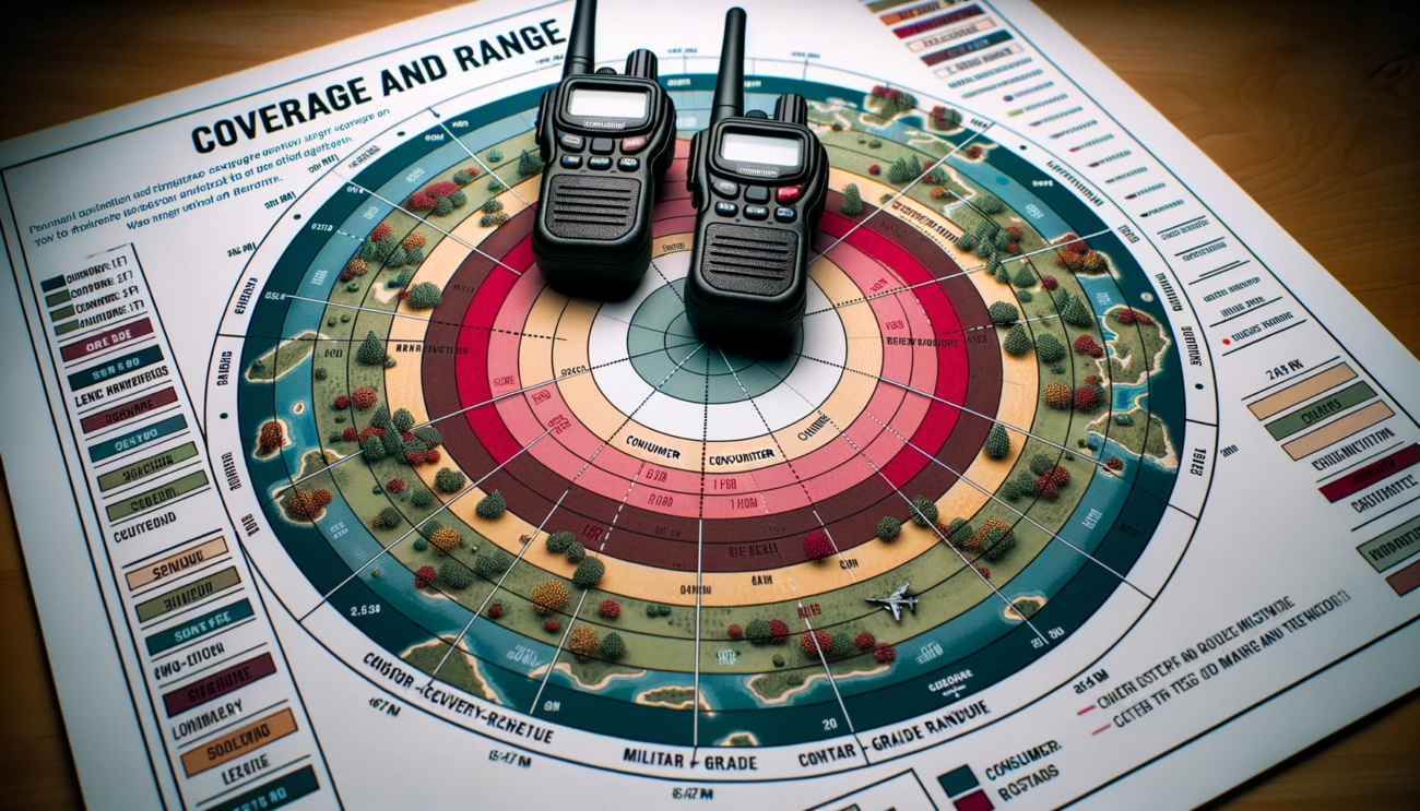 Walkie-talkies on a map showcasing varying coverage distances