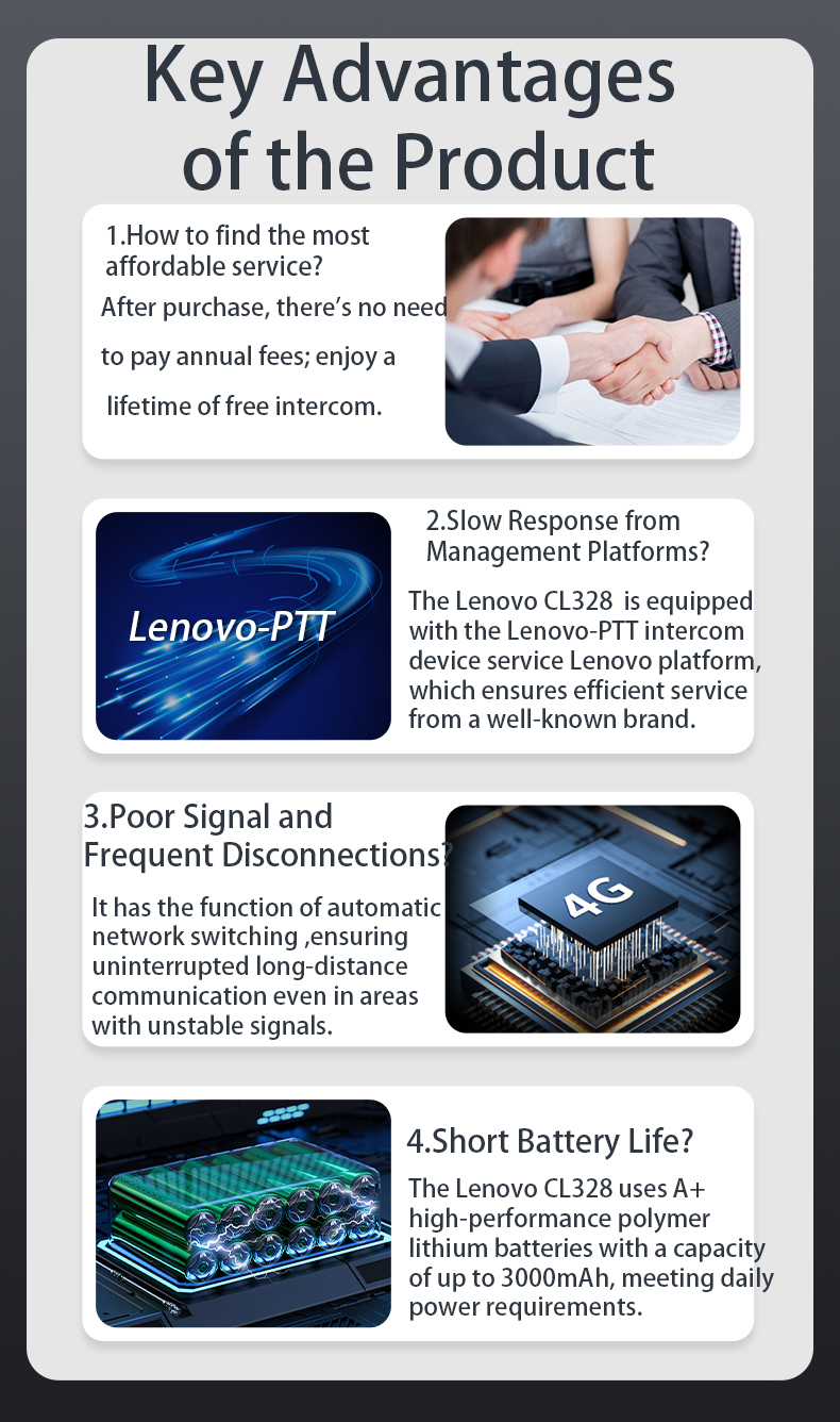 Key benefits of Lenovo CL328 Walkie Talkie featuring no annual fees and 4G connectivity